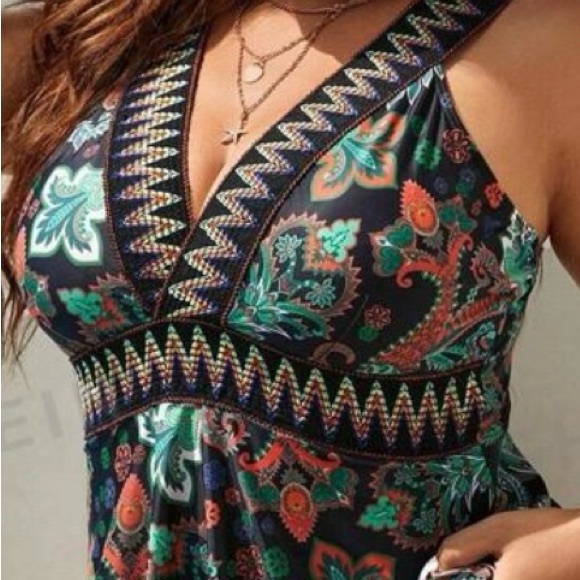 Swim Vcay Summer Beach Plus Size Paisley Print Contrast Tape Swim Dress - Picture 2 of 6